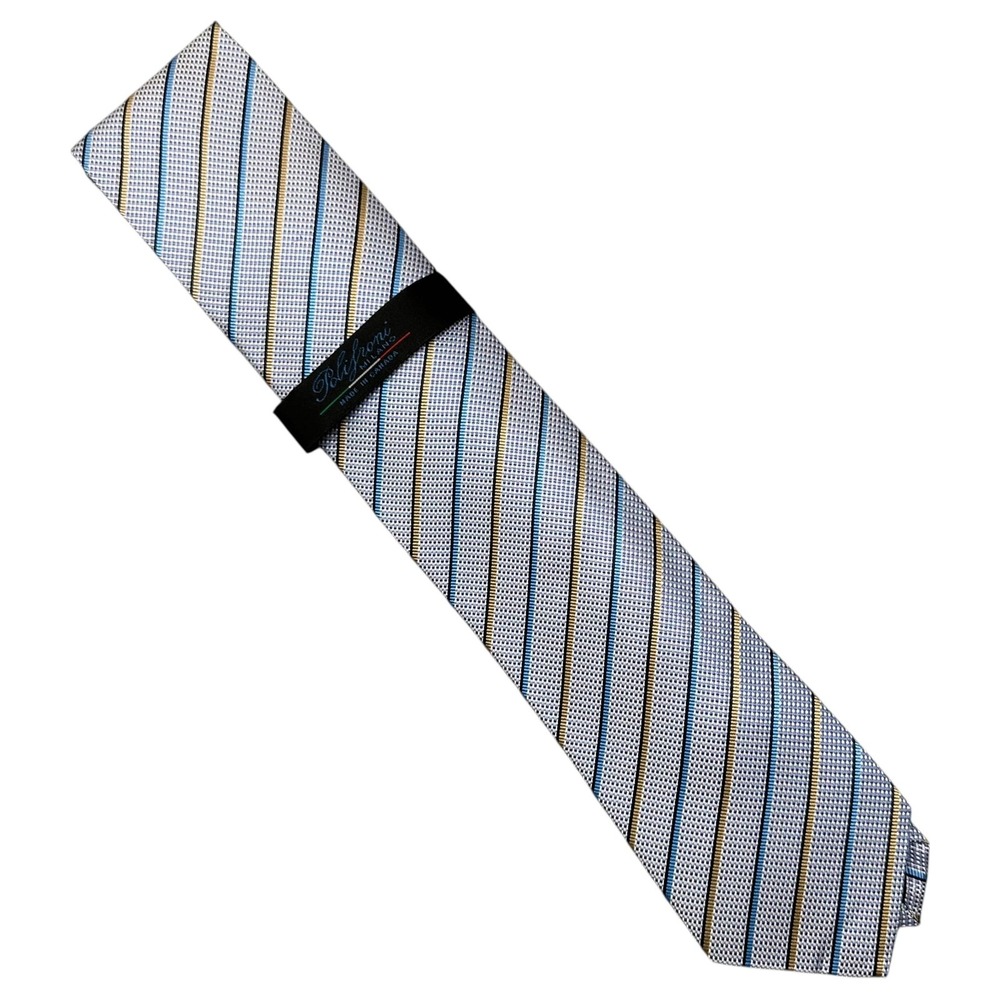 NWT Polifroni Milano Tie Mens‎ Blue Gold Striped Italian Silk Handmade Necktie